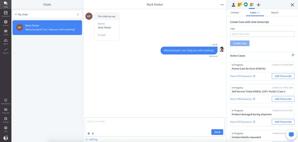 Cases tab LiveChat